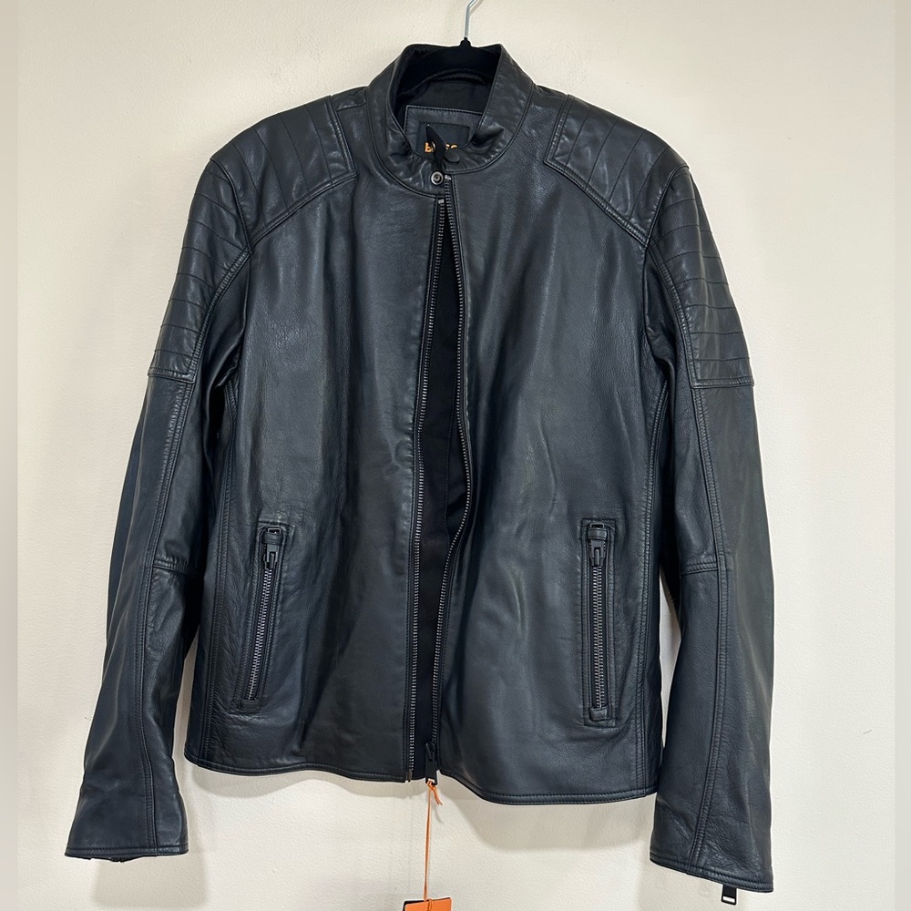 Men’s Hugo Boss black leather jacket. Size 38R. NWT.
